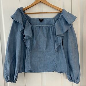 J. Crew Top Blouse Women Medium Ruffle Denim Look 100% Cotton